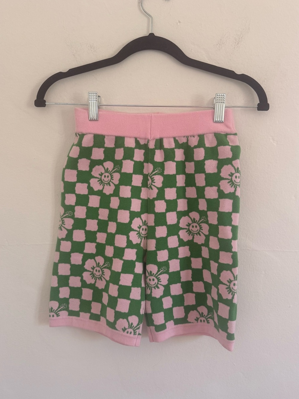 Pink & Green Checkerboard Hibiscus Knit Shorts